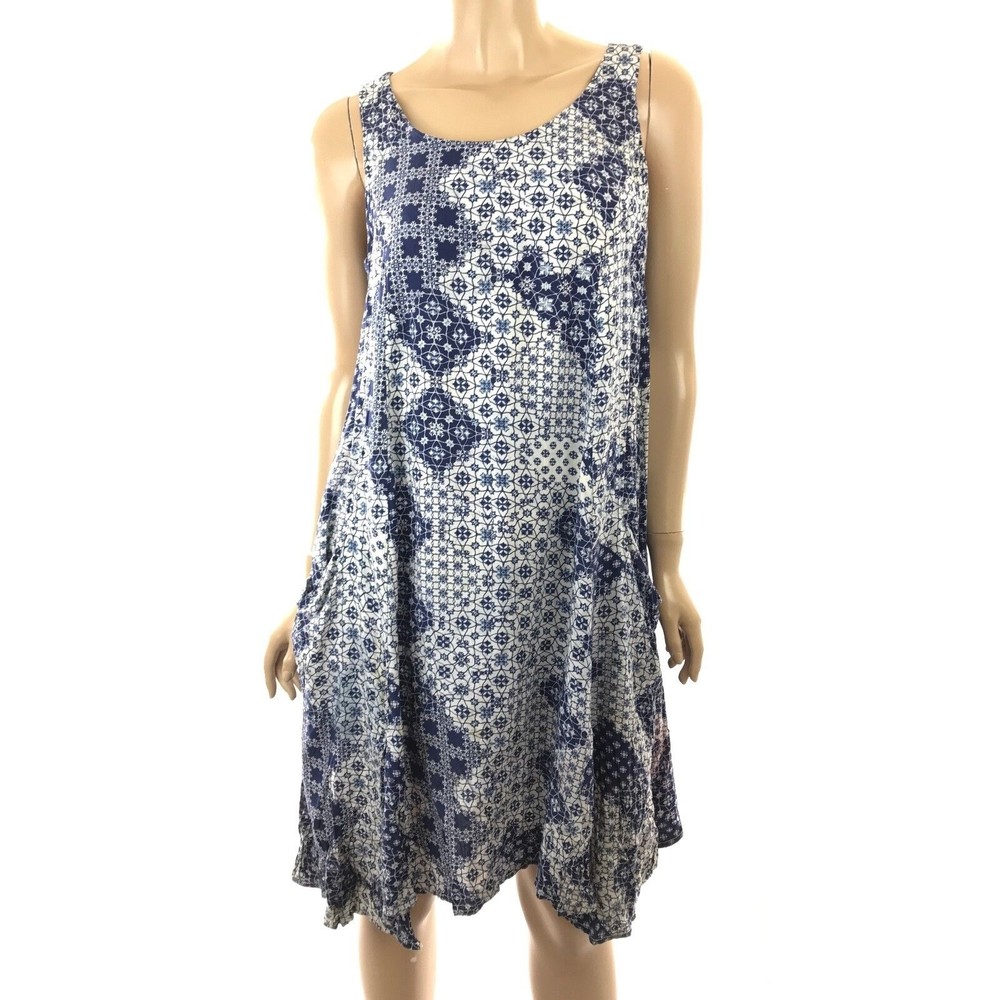 Nanette Lepore Sleeveless Shift Dress Size 4 Blue & White Asymmetric Hem